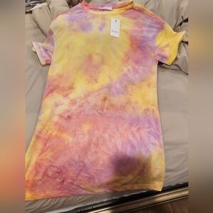 Pink And Yellow Tye Dye Womens Short Sleeves Elodie Tshirt Dress Size Small